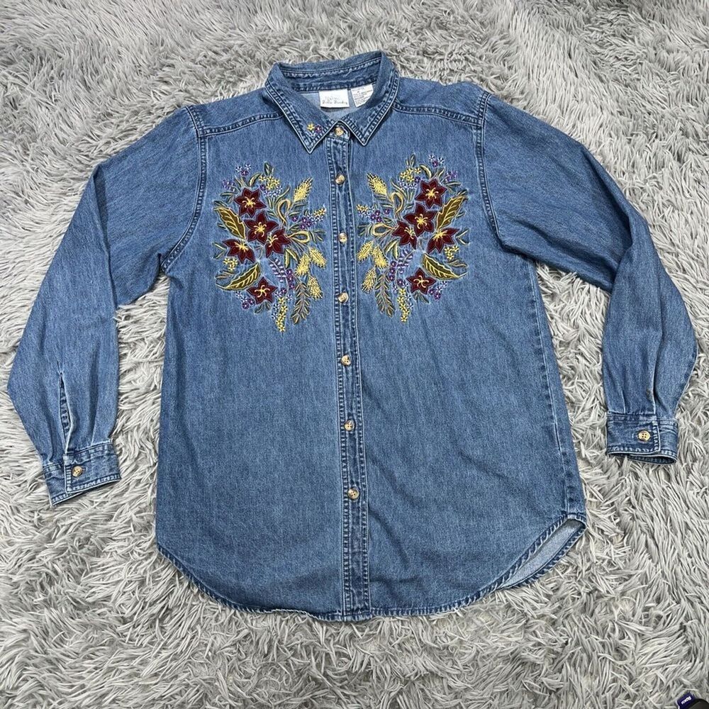 Vintage Bobbie Brooks Embroidered Denim Shirt Size Medium Floral Button Up Boho